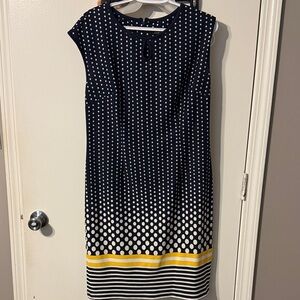 Navy Polka Dot Midi Dress with Yellow Stripe
